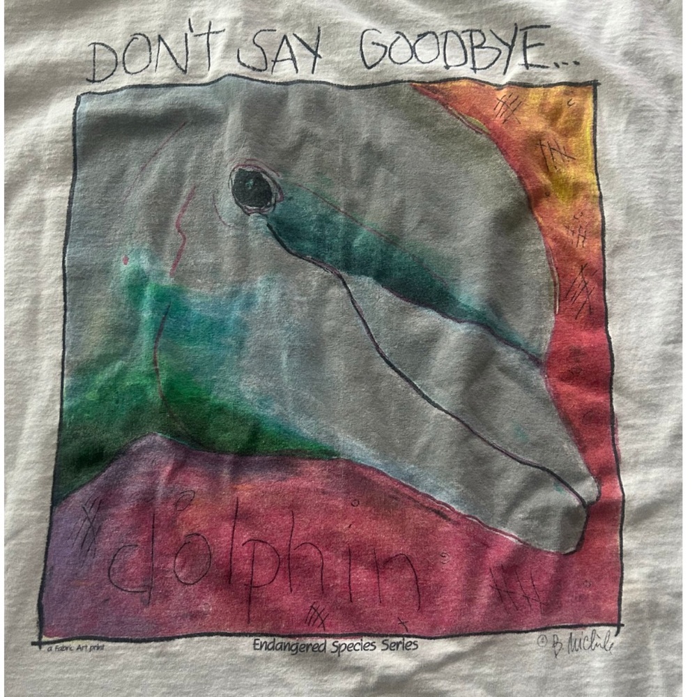 Vintage 90s Fabric Art Endangered Species Series Dolphin T-Shirt | Size L - Picture 2 of 7